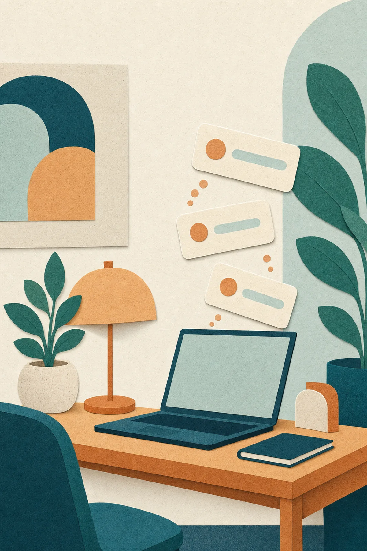Warm paper-cut illustration of a calm therapist at a desk with plants and new-client cards arriving, in teal and apricot