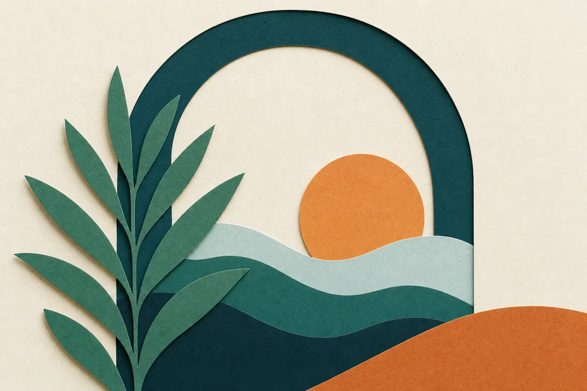 Warm paper-cut illustration of a therapist reviewing results on a laptop with plants and a journal in teal and apricot