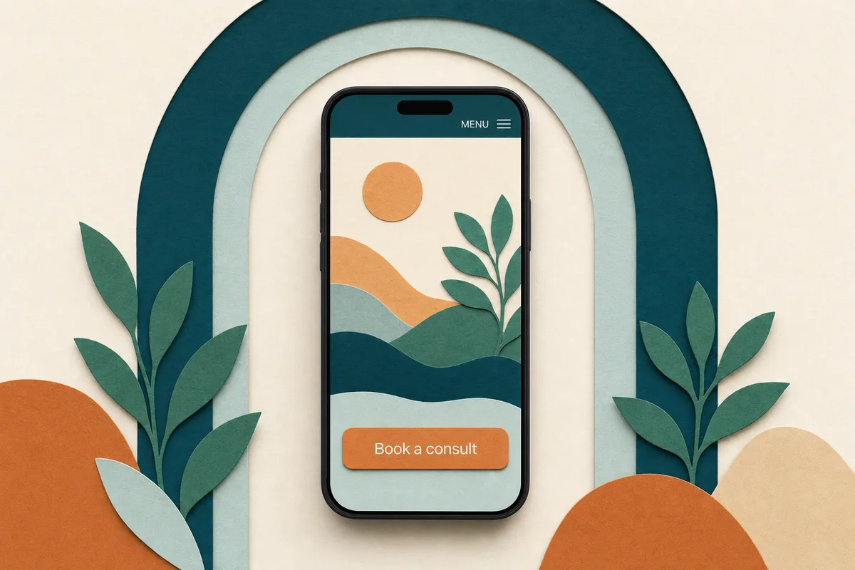 Paper-cut risograph illustration of an inviting therapy office and a website card in teal and apricot