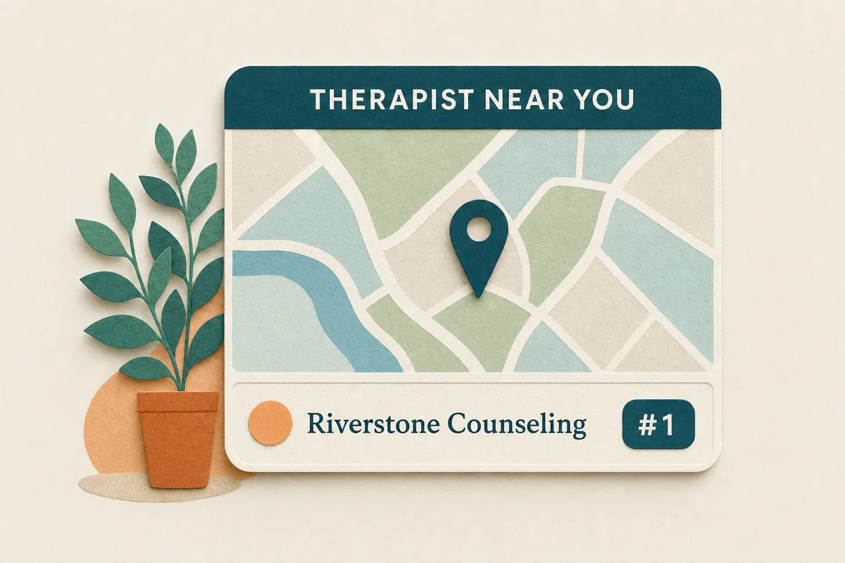 Warm paper-cut illustration of a calm office corner with plants and a UI ranking card in teal and apricot