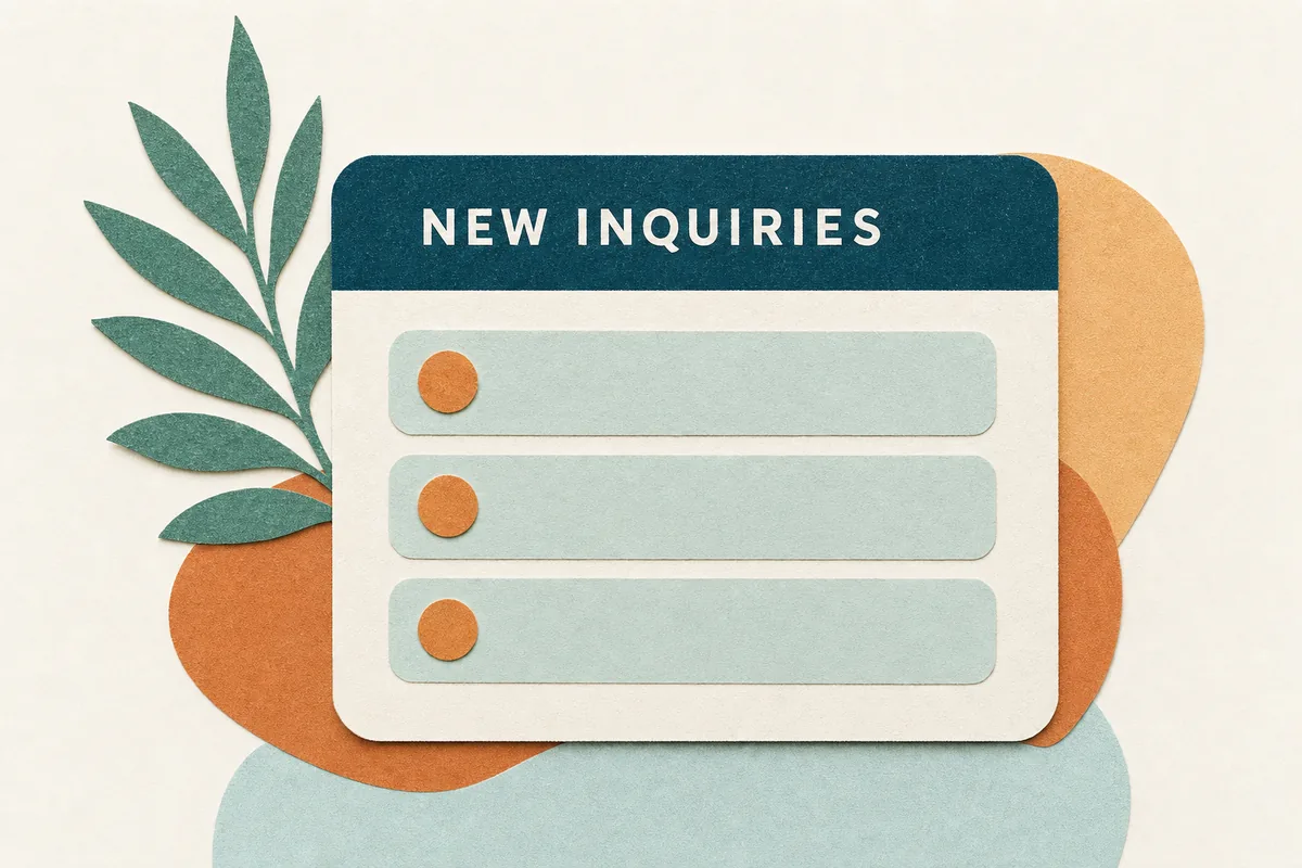 Warm paper-cut illustration of an inbox card and calm scene with plants in teal and apricot