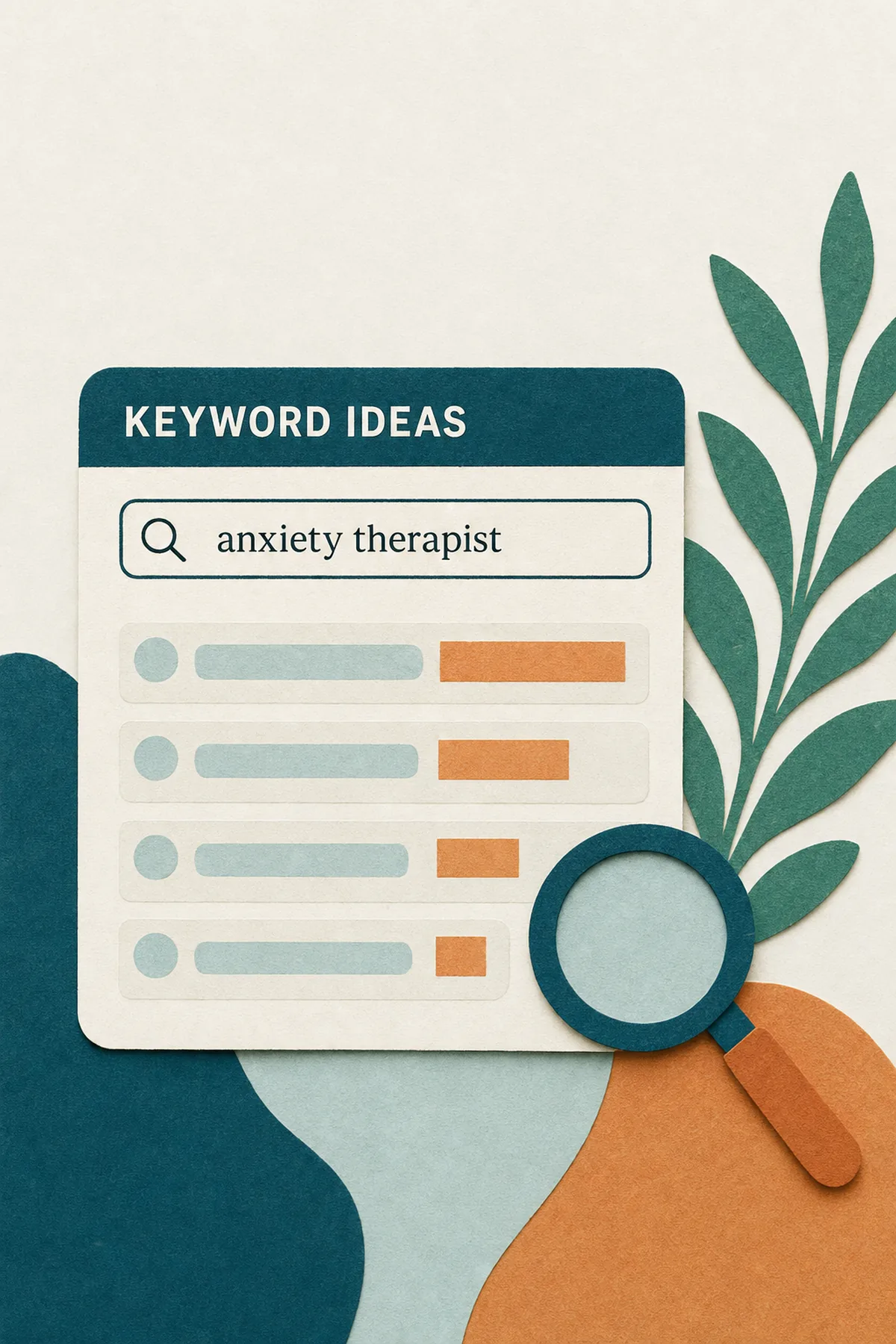 Paper-cut illustration in teal and apricot of a keyword research tool card showing a search for "anxiety therapist" and a list of related keyword ideas with their monthly search volumes