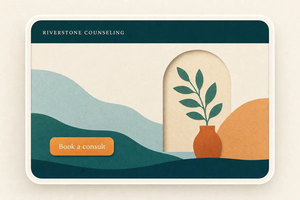 Warm paper-cut illustration of a website mockup on a desk with a journal and plant in teal and apricot