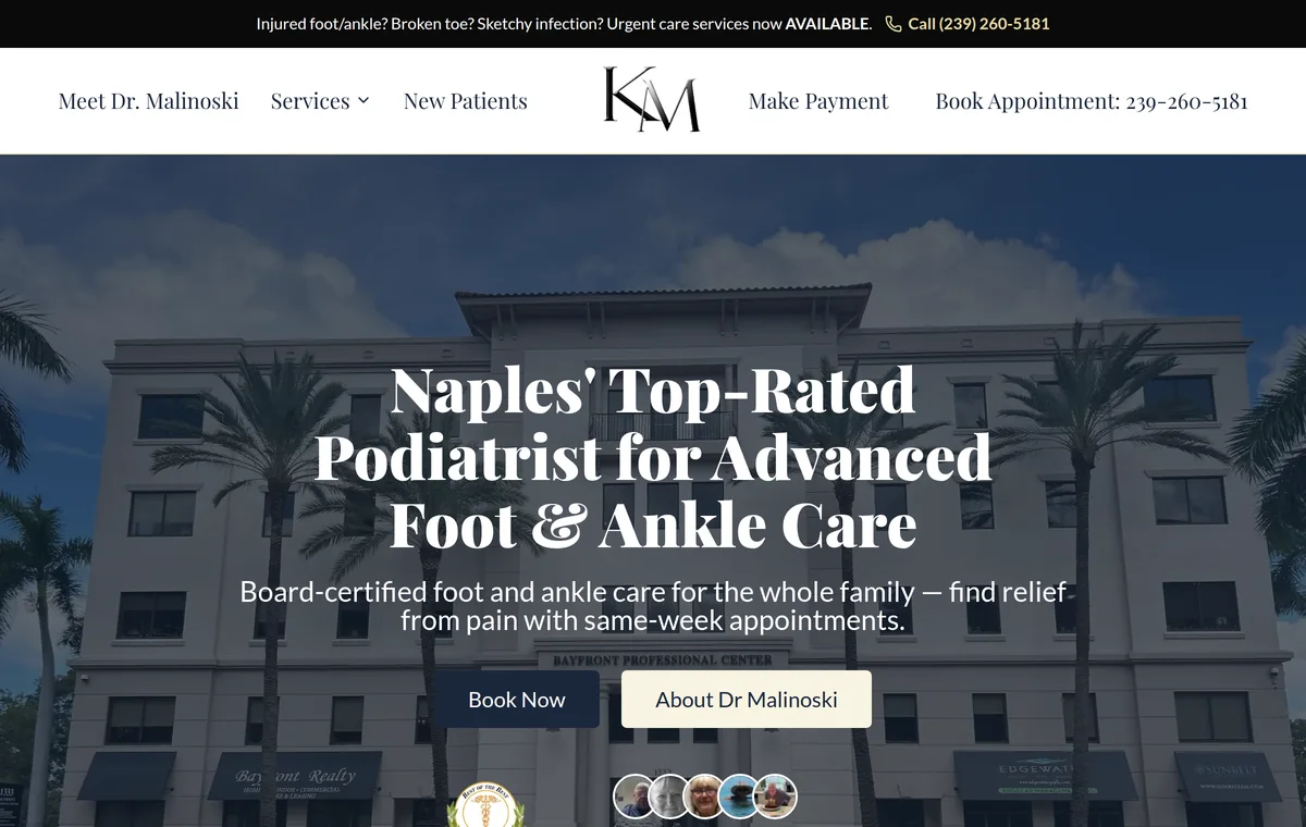 The current Podiatrist of Naples website we built: clean modern design with a clear headline, booking buttons, and patient reviews
