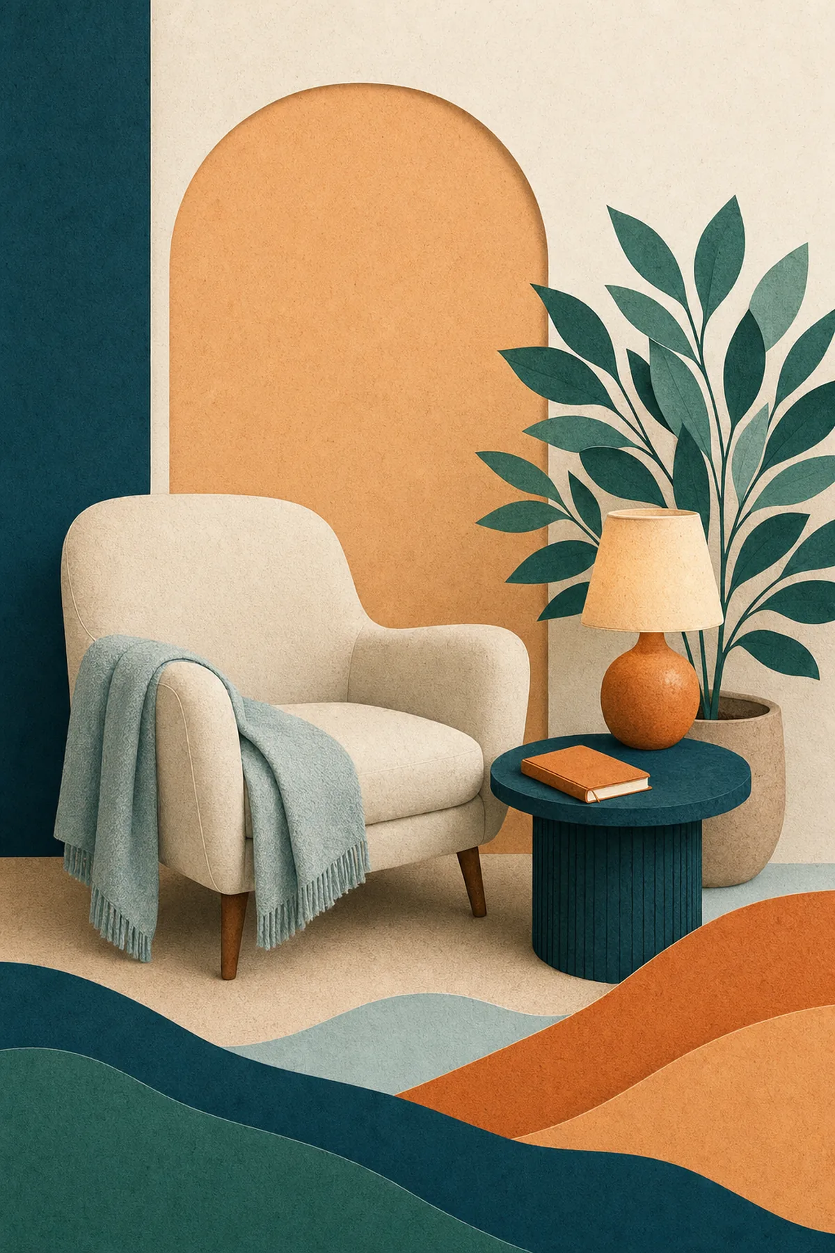 Warm paper-cut illustration of a therapist at a laptop in a calm office corner with plants, weighing marketing options
