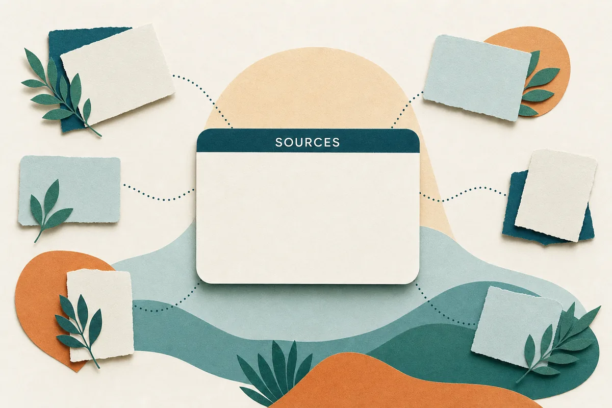 Paper-cut illustration of a large search result card being assembled from smaller source cards, teal and apricot layers converging