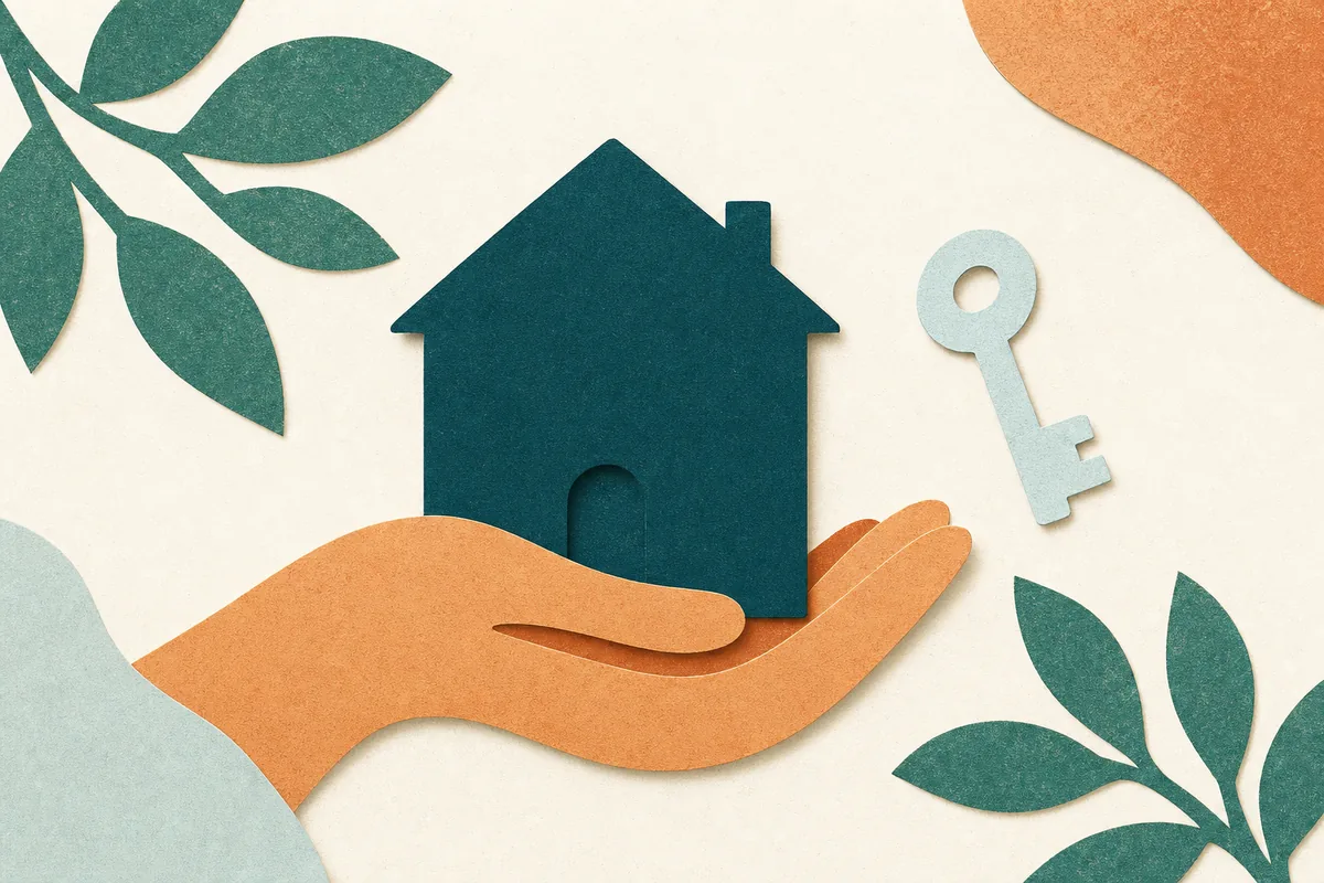 Paper-cut illustration of a teal house shape held gently in an open apricot hand, with a small key beside it, on warm off-white, representing owning your own website