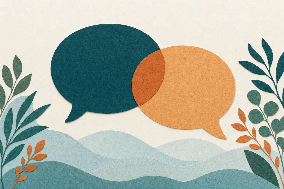 Paper-cut illustration of two overlapping speech bubbles in teal and apricot above a small search-results card, representing two partners searching for couples counseling in different ways