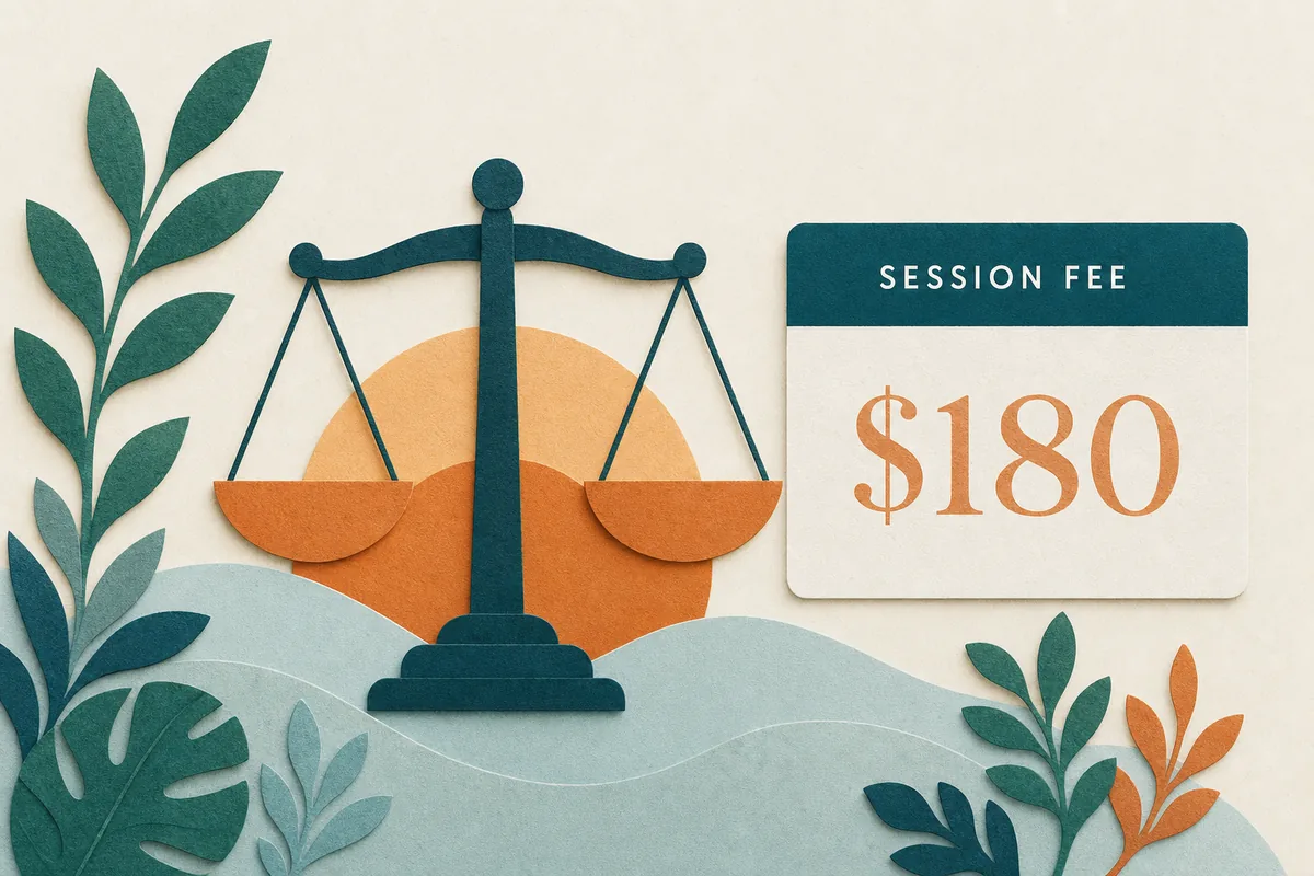 Paper-cut illustration of a balanced scale made of layered teal and apricot paper shapes, with a small fee card showing a single flat price, representing transparent couples counseling pricing
