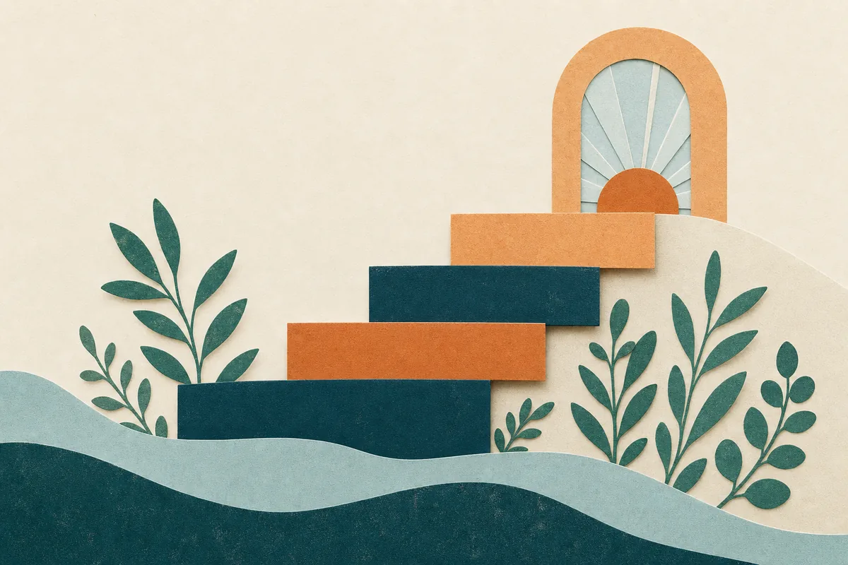 Paper-cut illustration of four ascending steps in teal and apricot leading to a small sunrise arch, with foliage shapes and gentle waves along the base