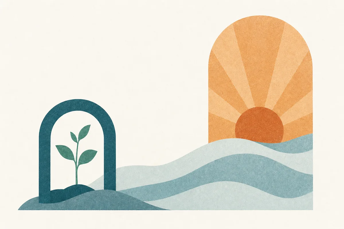 Paper-cut illustration of a small teal seedling arch growing beside a tall sunrise arch, mist blue waves beneath, suggesting growth planted before the peak, on warm off-white