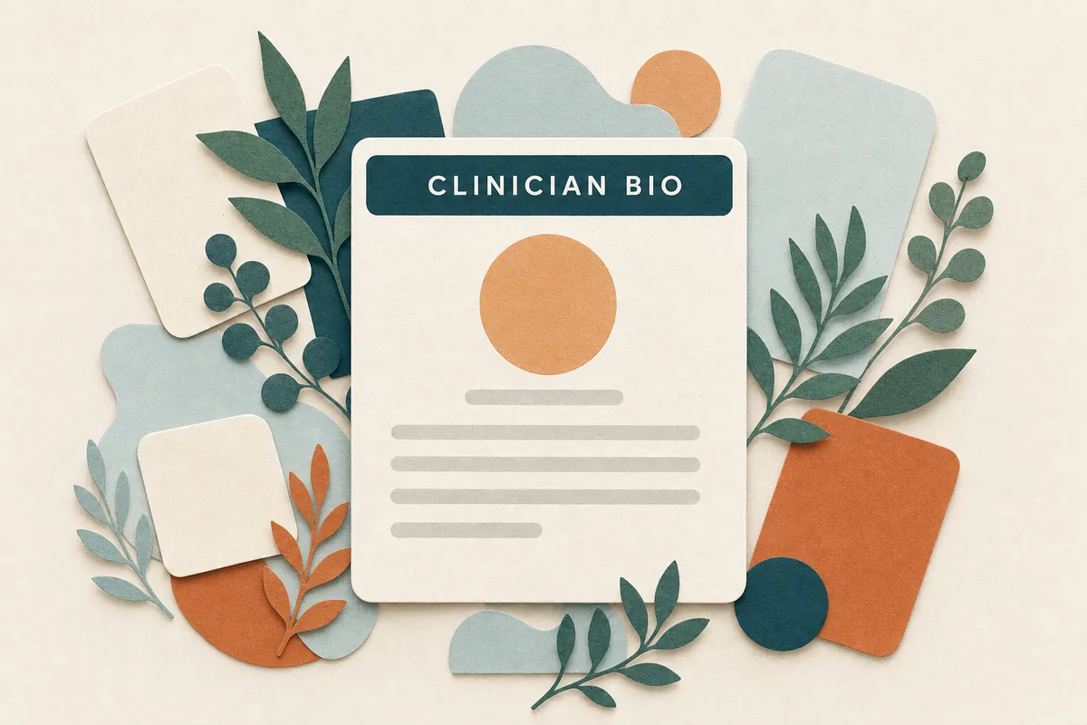 Paper-cut style illustration of a single large clinician profile card with a deep teal header, surrounded by smaller connected cards and soft foliage shapes in teal and apricot