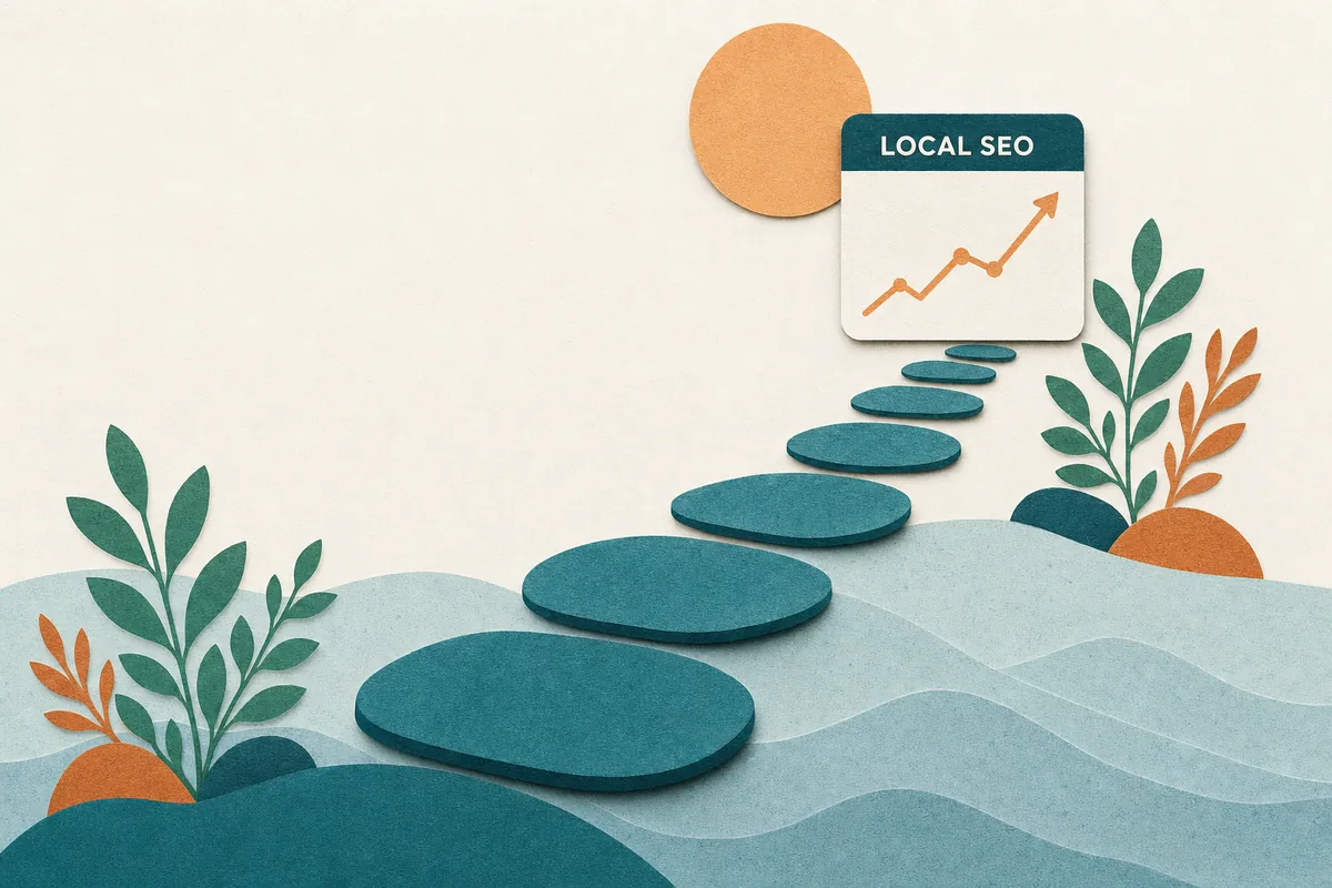 Paper-cut illustration of a winding teal path made of stepping stones rising toward a single UI card with a deep teal header bar reading LOCAL SEO, apricot sun above, mist blue waves below