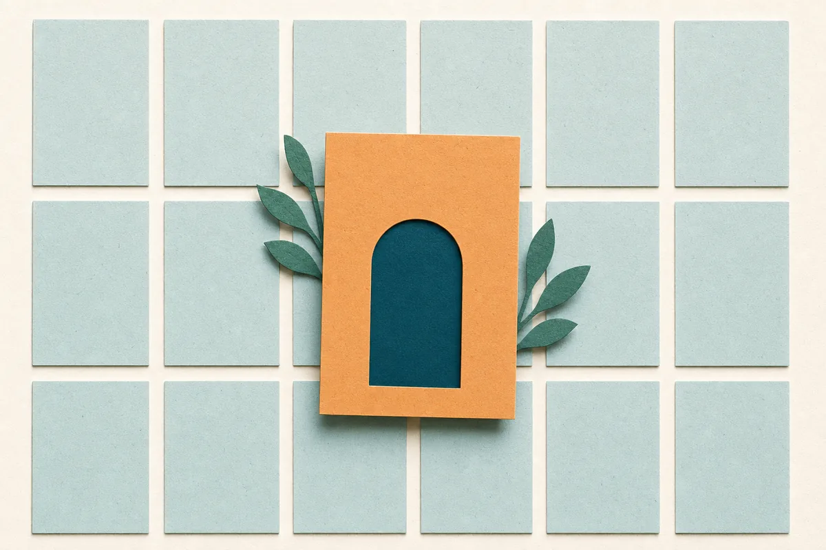 Paper-cut illustration of many identical small cards in a grid with one larger arch-framed card standing apart, teal and apricot on warm off-white, representing one profile lost among dozens versus a site of your own