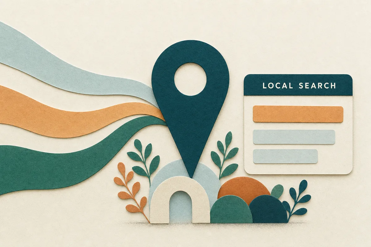 Paper-cut illustration of three search paths converging on a single teal practice location marker, with a small UI card showing a local search result