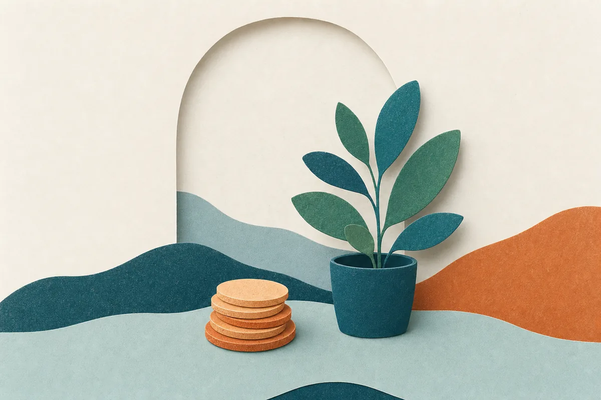 Paper-cut illustration of a small potted plant beside a stack of coins, teal leaves and apricot accents on warm off-white, representing modest DIY SEO budgets