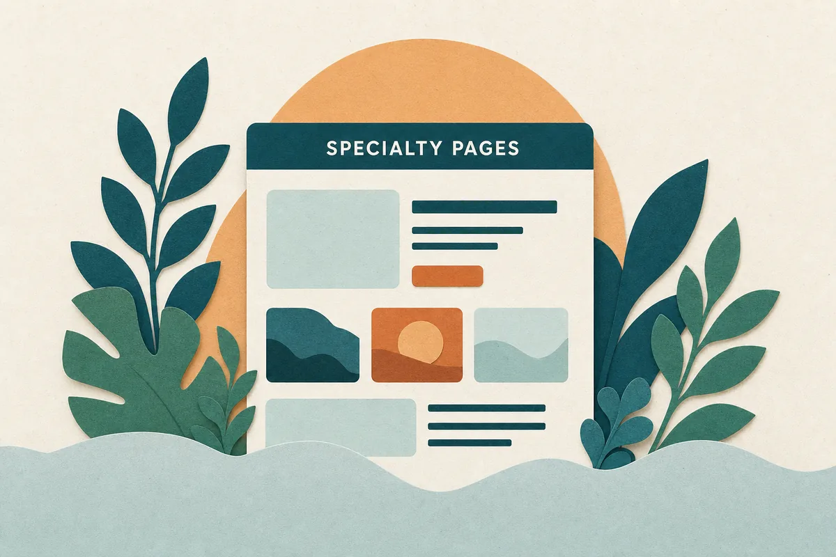Paper-cut illustration of a simple website wireframe card with a deep teal header bar, surrounded by teal foliage and an apricot sunrise arc, representing what a therapy practice site needs