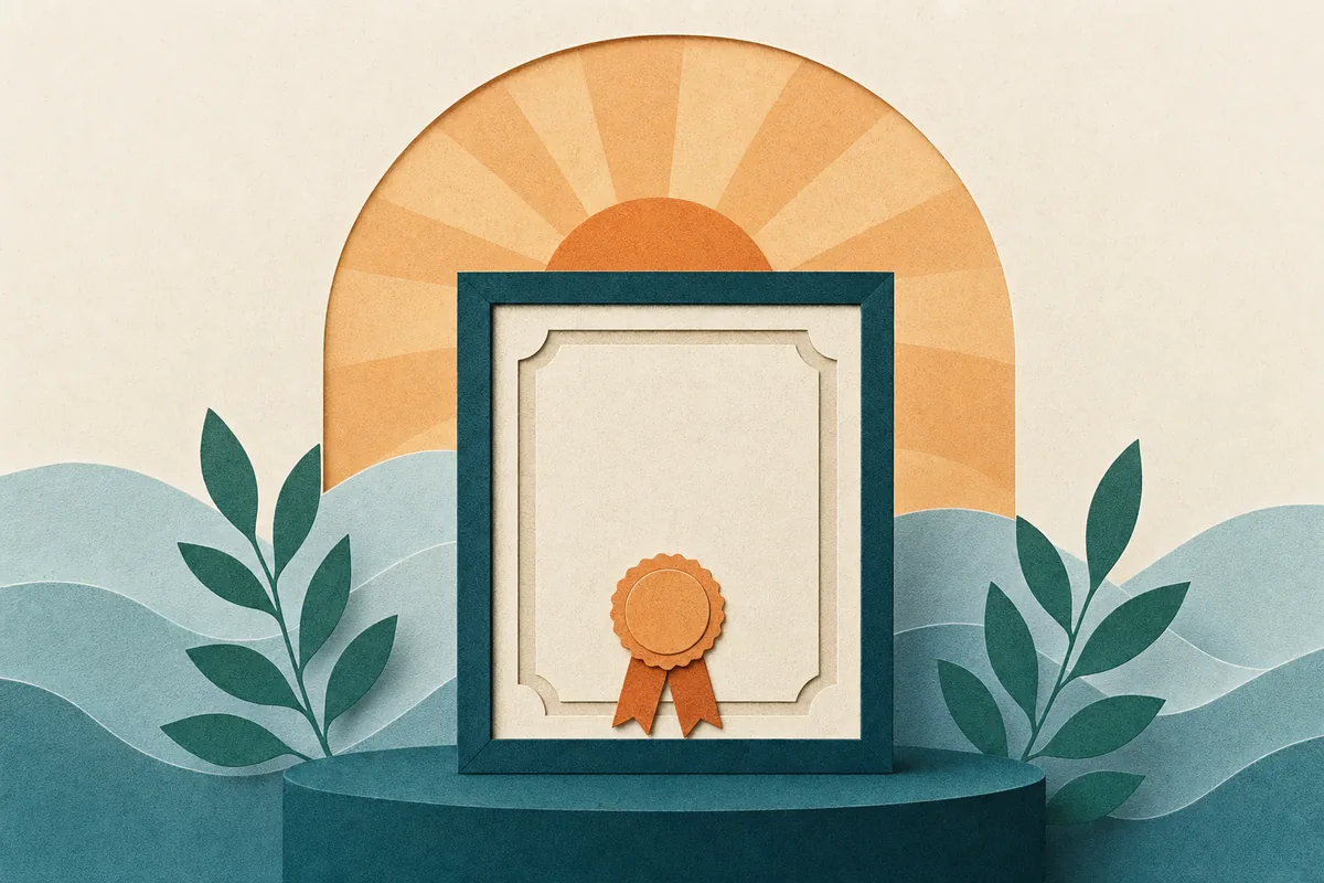 Paper-cut illustration of a therapist's framed license and credentials placed front and center on a warm teal pedestal