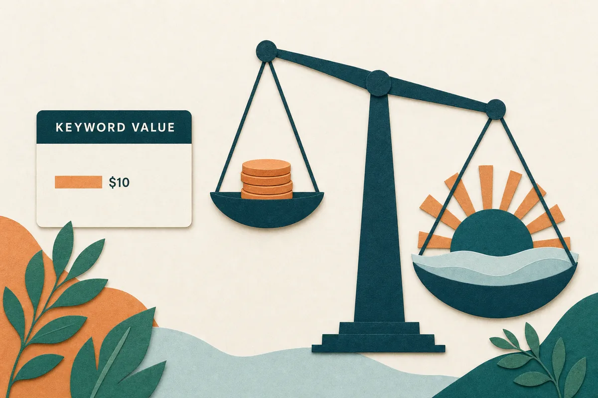 Paper-cut illustration of a balance scale weighing a small stack of coins against a large sunrise over calm water, with a simple UI card showing a keyword value comparison