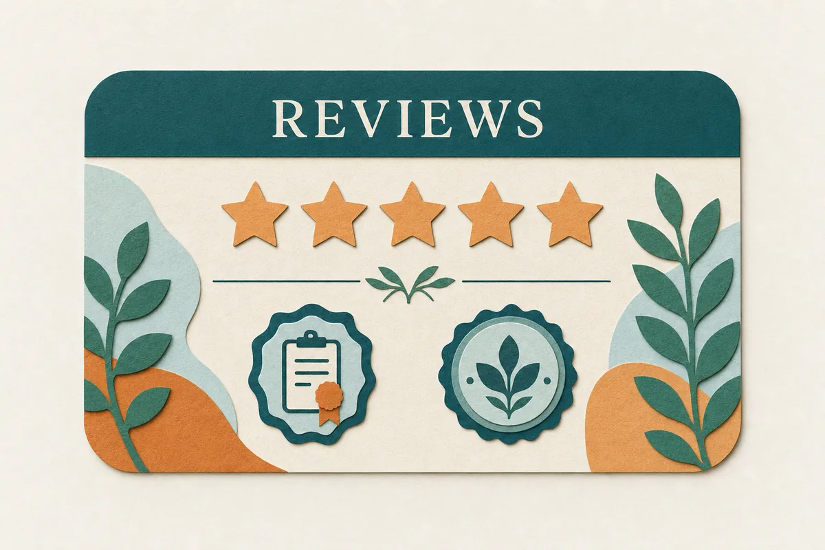 Paper-cut risograph illustration of a calm office corner with plants and a search result card in teal and apricot