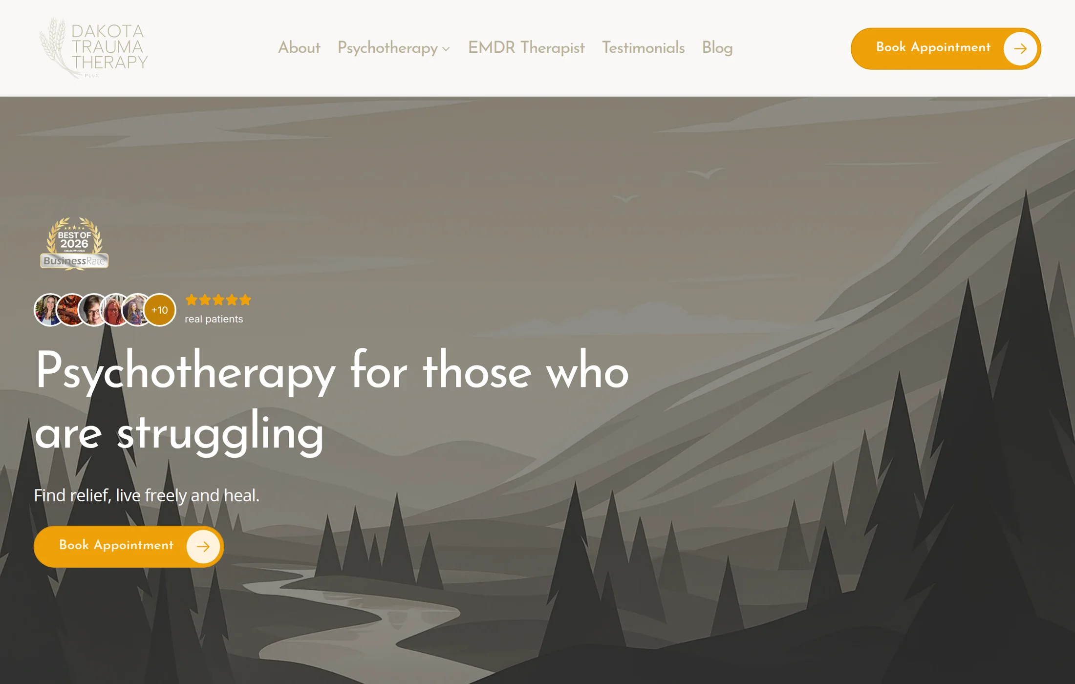 The Dakota Trauma Therapy website we built, shown on a laptop: a calm hero with real client avatars and a Book Appointment button