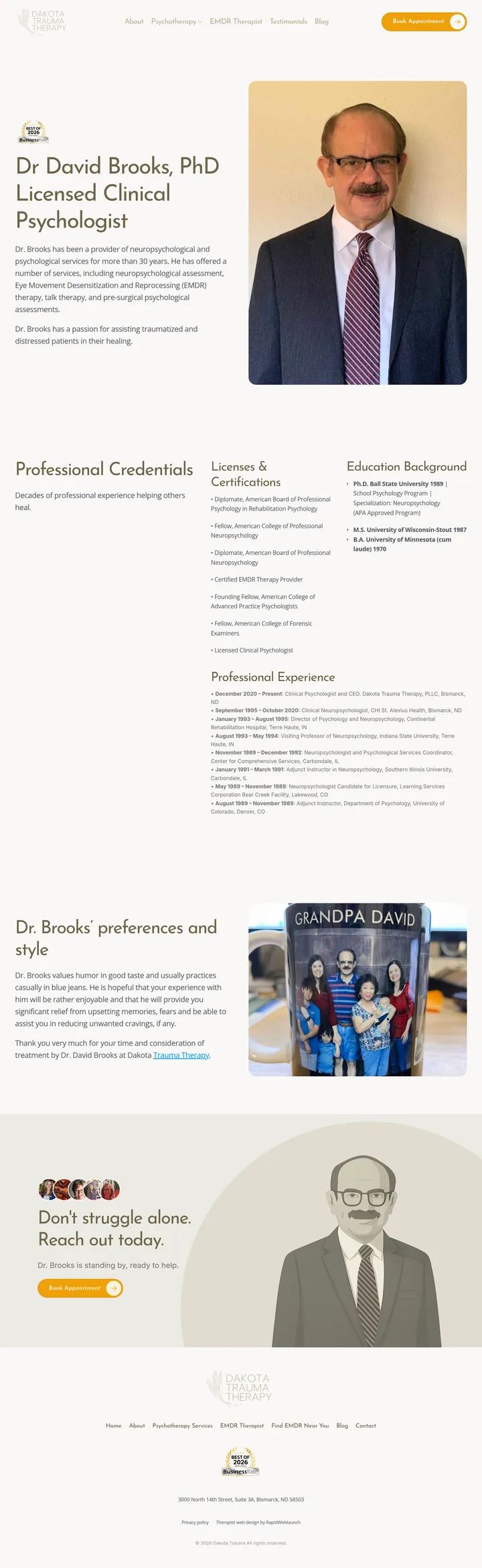 Full-page screenshot of the Dakota Trauma Therapy About page