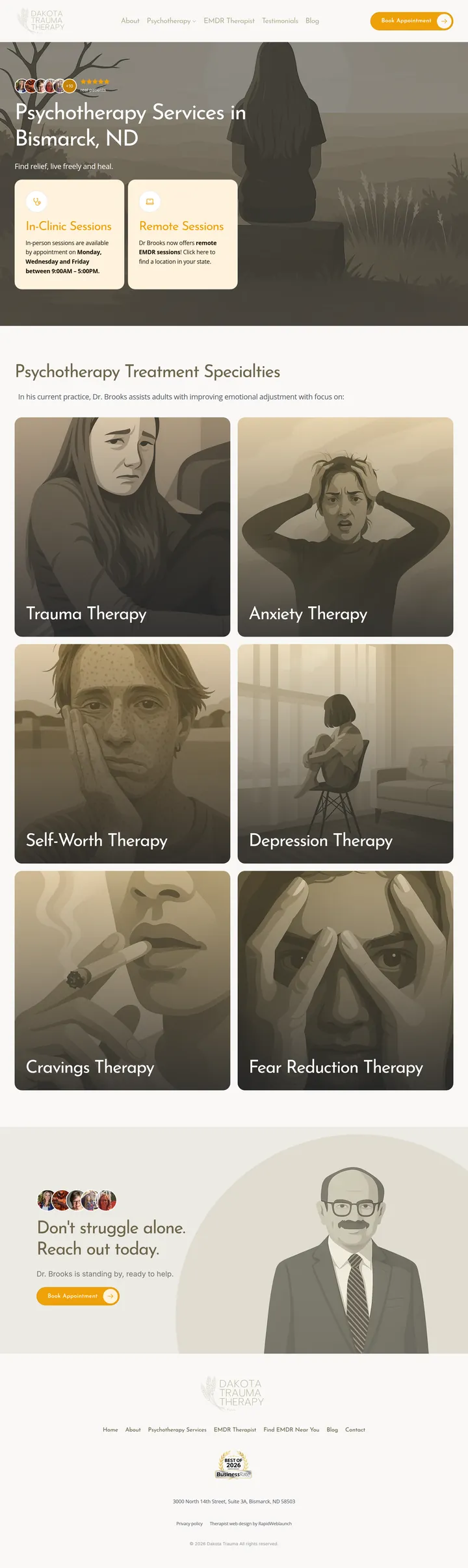Full-page screenshot of the Dakota Trauma Therapy Psychotherapy Services page