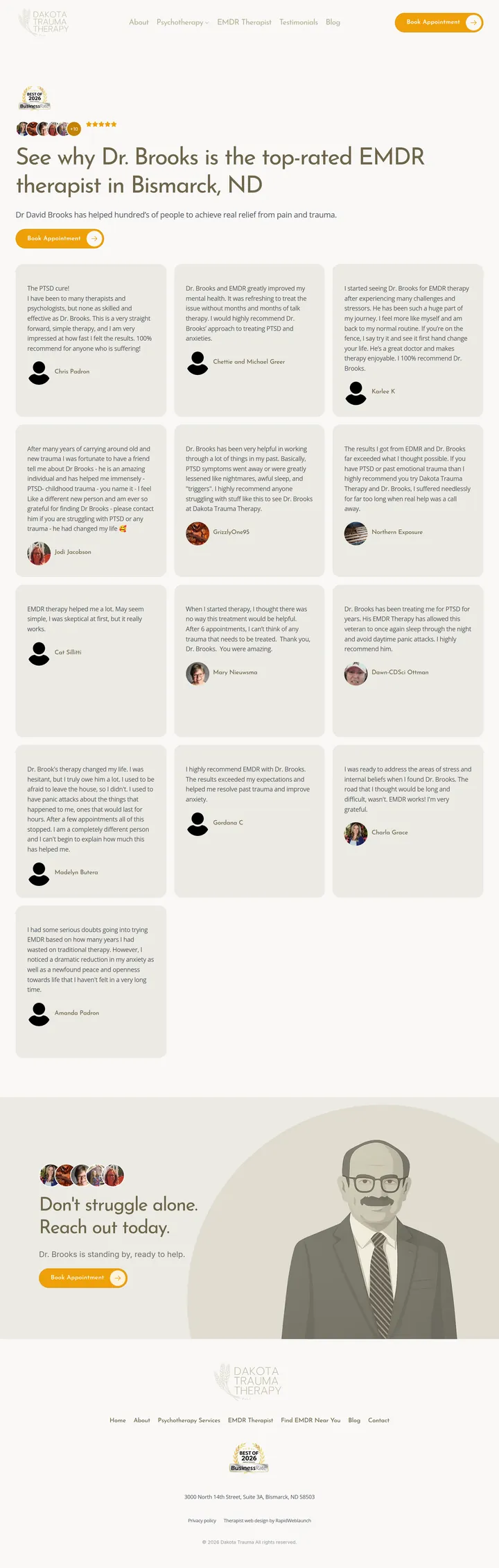 Full-page screenshot of the Dakota Trauma Therapy Testimonials page