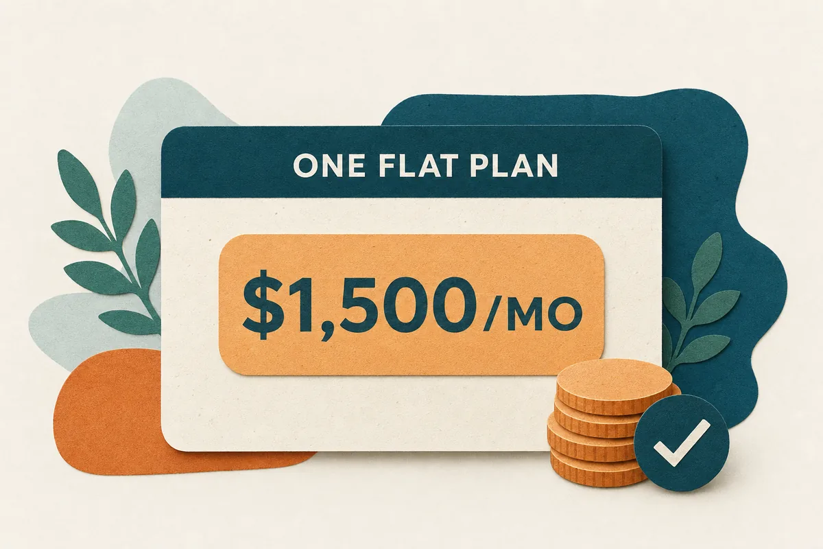 Warm paper-cut illustration of two client cards balancing against one plan card, showing two new clients a month covers the plan