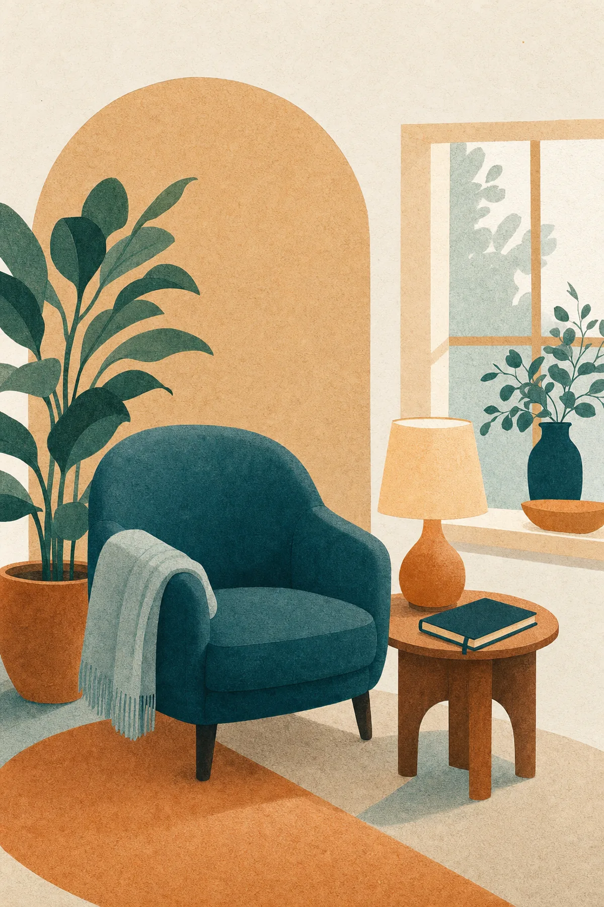 Warm paper-cut illustration of an inviting therapy office corner with plants and a soft armchair in teal and apricot