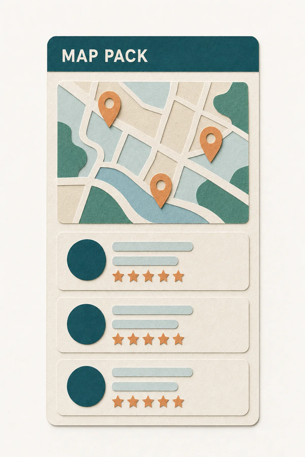Paper-cut illustration of Google search results showing the local map pack of therapists
